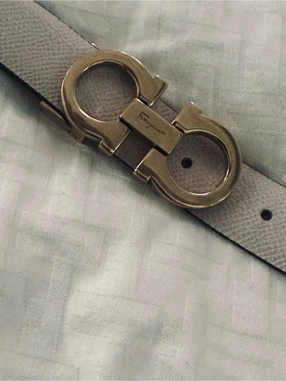 Salvatore Ferragamo Gray Leather Belt with Gold Double Gancini Buckle